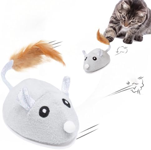 Interactive Version2 Automatic Cats Plush Toys Play for Indoor Boredom Alone. Electric Moving Mouse Cat Toys with Real Feather Tail, Less Noise USB Rechargeable. (Grey)