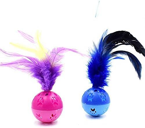 BeeSpring Cat Balls Interactive Cat Toy Cat Feather Balls with Loud Bell Inside (2Pcs - Red, Blue)