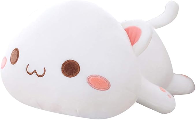 Cat Plush Hugging Pillow, Soft Cat Stuffed Animals Kawaii Kitten Plush Toy Gifts for Kids (White Round Eyes, 19.6")