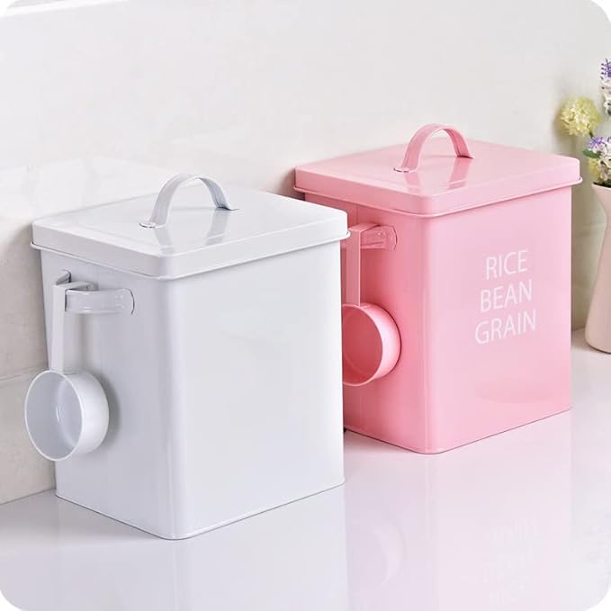 SOUJOY Pet Treat and Food Storage Bin with Lid and Scoop, 6LBS White Vintage Farmhouse Storage Tin, Coated Carbon Steel Canister, Gift for Dogs Owners