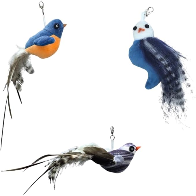 Chirping Bird Replacement Heads for Cat Toys - Set of 3 - Realistic Calling Bird Sounds, Vibrant Feather Designs, Easy Clip-On for Endless Fun
