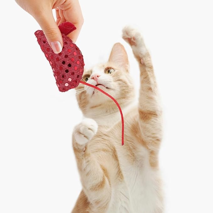 LOGOFUN 6pcs Cat Mouse Toys Plush Mouse Kitten Toys with Sequin Glitter Mouse Shaped Cat Catnip Toys for Indoor Cats Kitten Pet Supplies - Red & Yellow