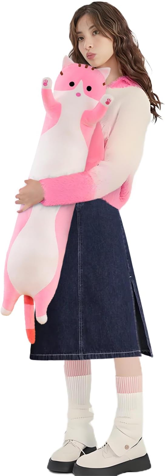 shangman Lovely Plush Cat Doll Cute Cartoon Soft Stuffed Kitten, Long Throw Sleeping Pillow, Toy Gift for Kids Girlfriend Multiple Size (Pink,90cm/35.4in)