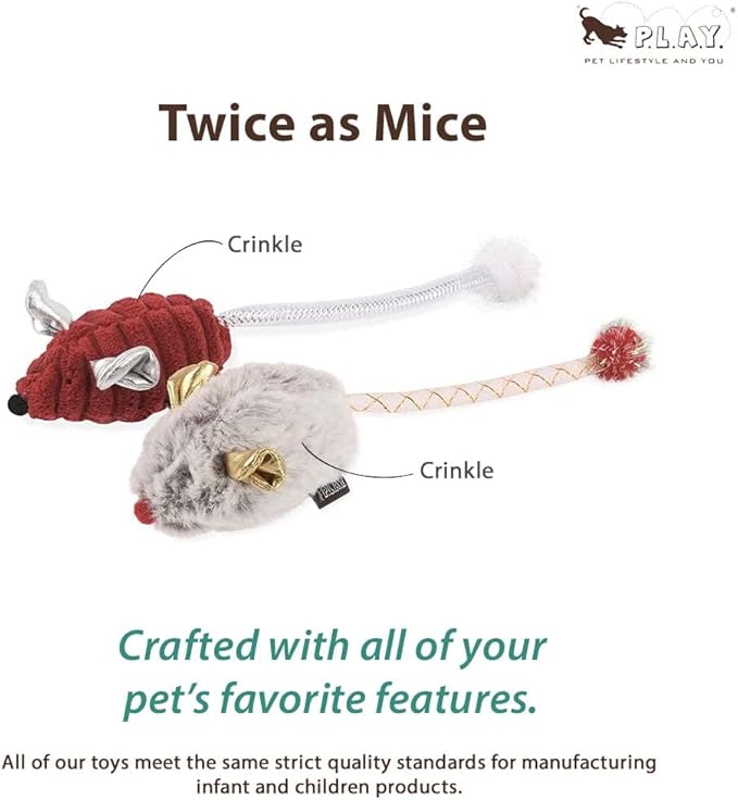 P.L.A.Y. Cute Plush Cat Toys - Feline Frenzy Animal Critter Themed Catnip Filled Toy, Great for Adult Cats and Kittens - Machine Washable, Recycled Materials, Crinkles (Twice as Mice, Set of 2)