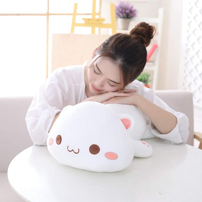 Cat Plush Hugging Pillow, Soft Cat Stuffed Animals Kawaii Kitten Plush Toy Gifts for Kids (White Round Eyes, 25.5")