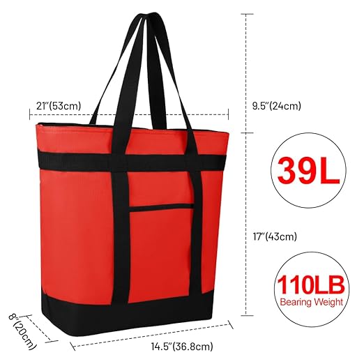 2Pk Insulated Reusable Tote Bag for Grocery Shopping for Women, Pizza/Food Delivery Bag to Keep Food Cold/Hot for Uber Eats/Doordash/Grubub, Cooler bags for Travel/Beach/Picnic, Red
