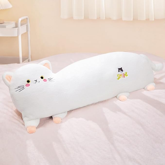 PEACH CAT 31.5" Long Cat Plush Pillow Cute Kitten Stuffed Animals Soft Plushies Toy Gifts for Kids White