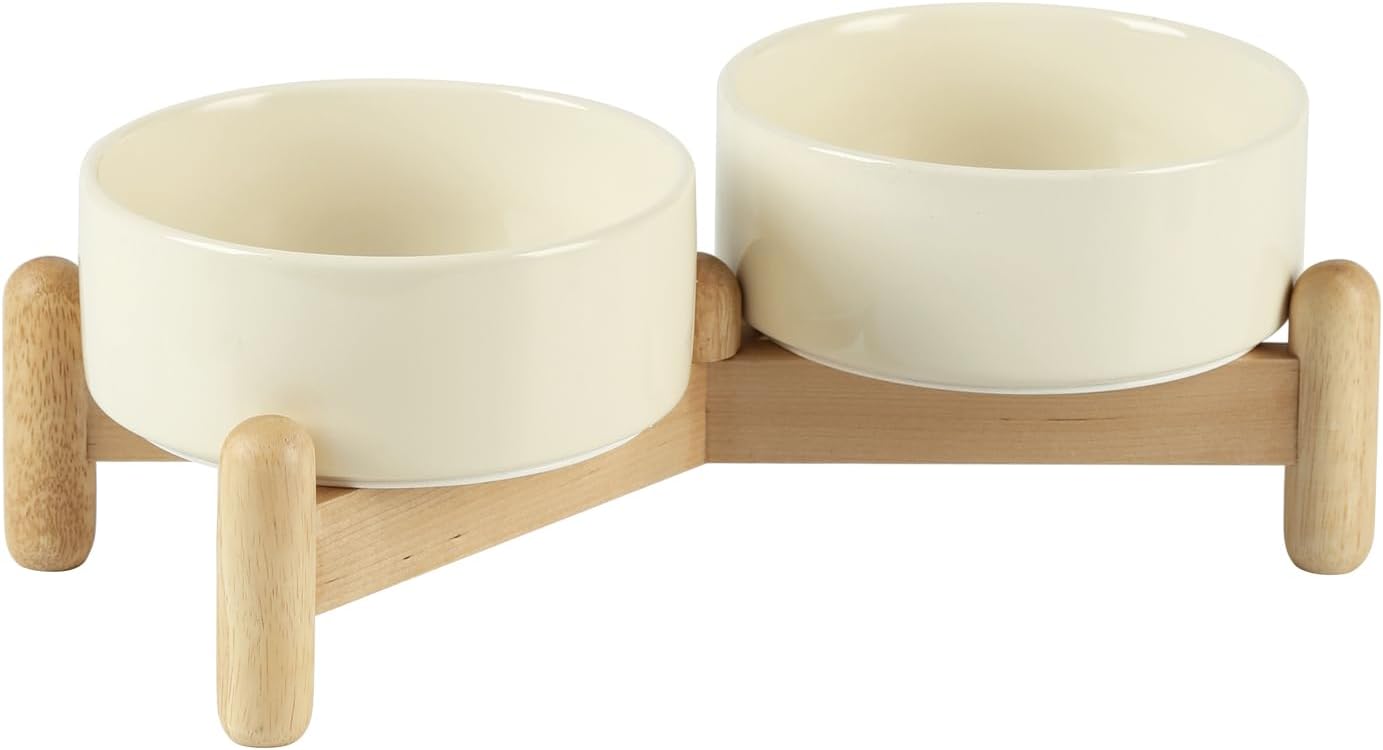 Ceramic 5.1inch Raised Double Bowls Set with Wooden Stand, Elevated Food & Water Bowls for Small Breed Dogs, Cats, Kitty, Weighted Dog Dishes, Pet Bowls(13.5oz, Beige)