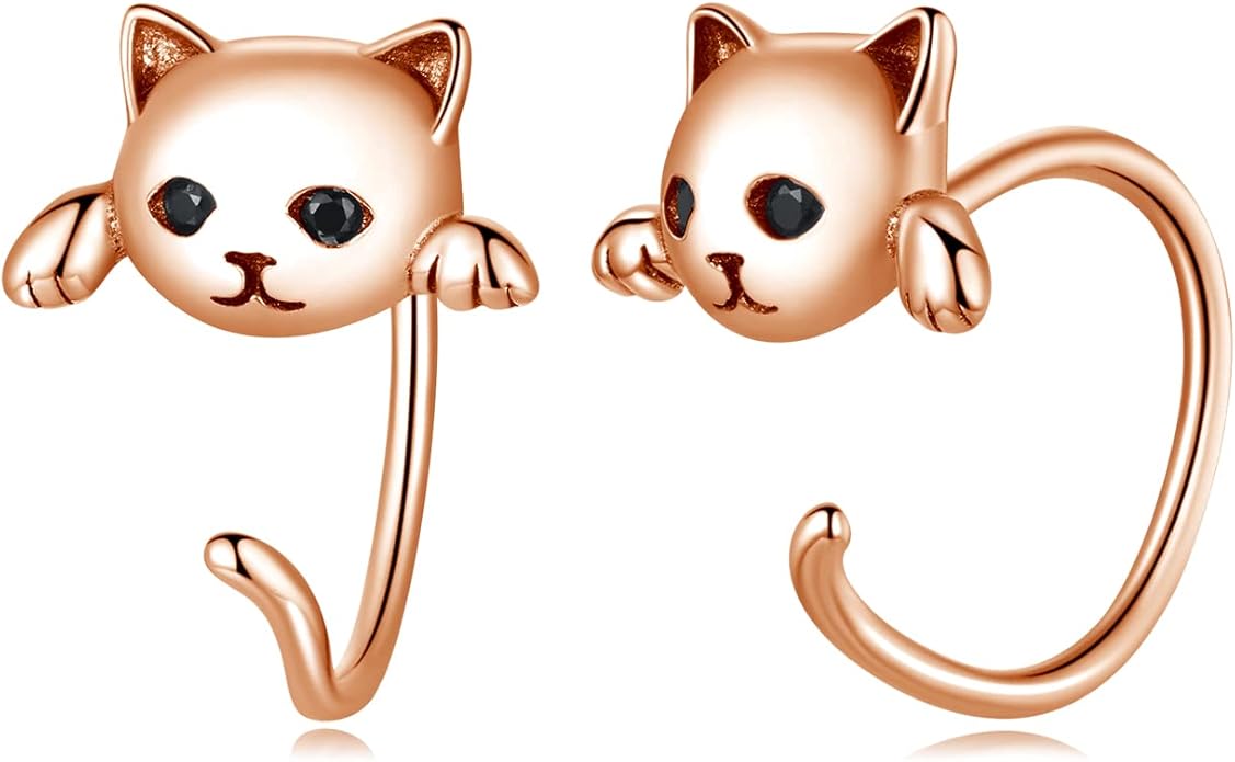 BISAER 925 Sterling Silver Half Huggie Hoop Earrings Cute Cat Dog Panda Animal Earrings for Women Jewelry Gifts