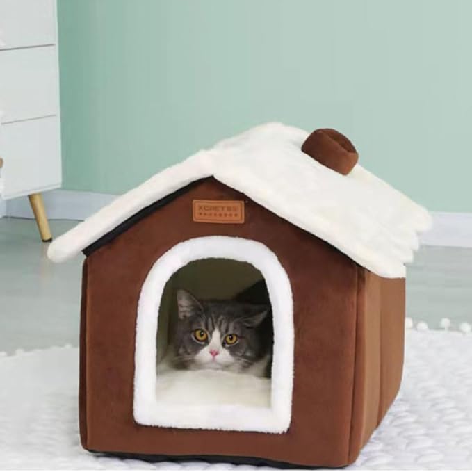 Christmas Cat Bed for Indoor Cats Plaid Christmas Cat Tent Cat Bed Cave for Pets Cats and Dogs (Coffee-M(18.1 X 14.6 X 15.7 Inch))