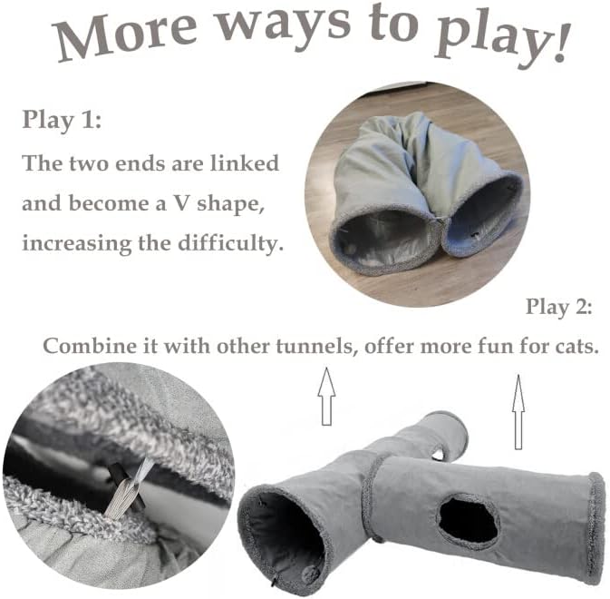 LeerKing Extra Long Cat Tunnel 51"(L) Dia 12" for Large Fat Cat Crinkle Tube connectable Indoor Outdoor Hideaway Toy for Rabbit Puppy, Grey