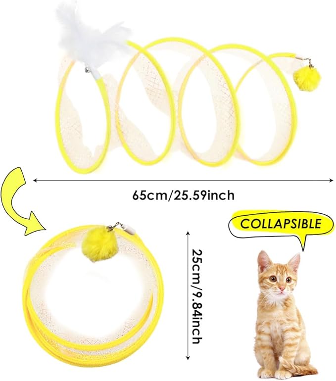 Cat Spiral Tunnel Toy Collapsible, Self Play Toy for Indoor Cats, S Type Tunnel with Feather Toys, Interactive Cat Springs Toys, Puppy, Kitty, Kitten, Rabbit (Yellow)