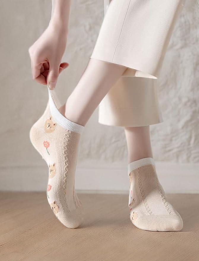 5/10 Pairs Combed Cotton Socks for Women with Cute Animals/Flowers Patterned Ankle Socks