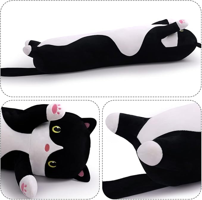 Soft Plush Cat Body Pillow, Long Stuffed Animal Toy Kitten Throw Pillow Gift for Kids, Girlfriend (110CM, Black)