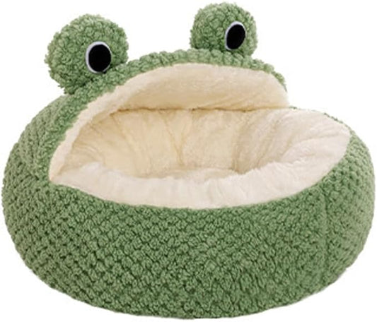 Cute Frog Hooded Cat Bed with Non-Slip Bottom, Covered Round Fluffy Frogs Cave Green, Semi-Closed Pet Mat for Cats and Small Dogs