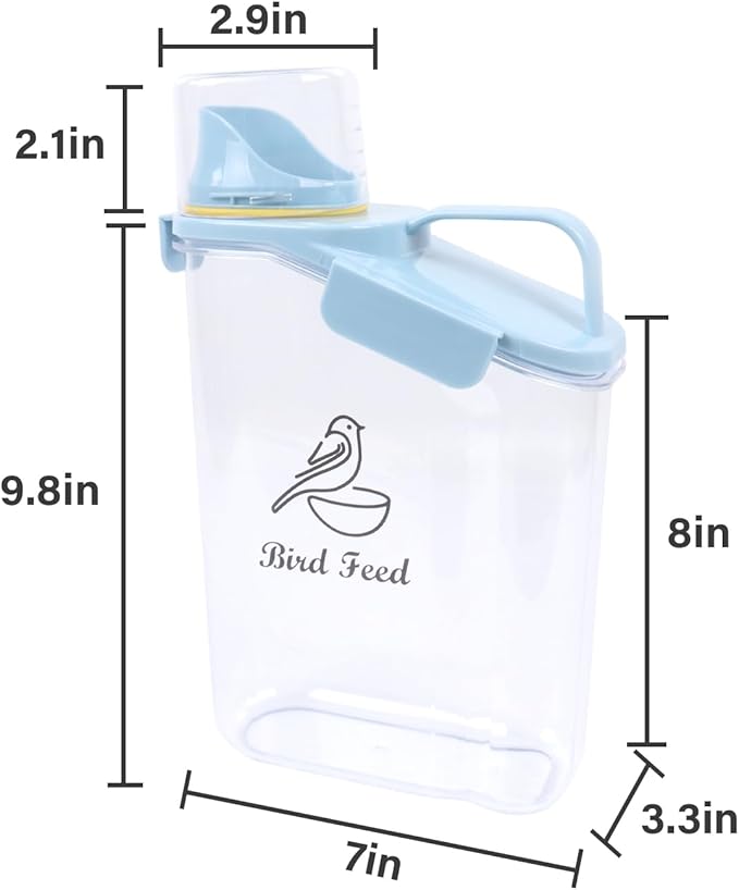 Bird Seed Storage Container,2.8L Airtight Bird Food Container with Handle and Measuring Cup,Portable Pet Food Container for Wild Bird Sunflower Seed-BPA Free Transparent/Blue