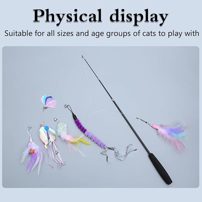 DONGKER Cat Wand Toy Set,3 Stage Retractable Kitten Feather Toys with Bells & 6 Replacement Heads for Teasing Cat Playing(Can't be used for catfishing)