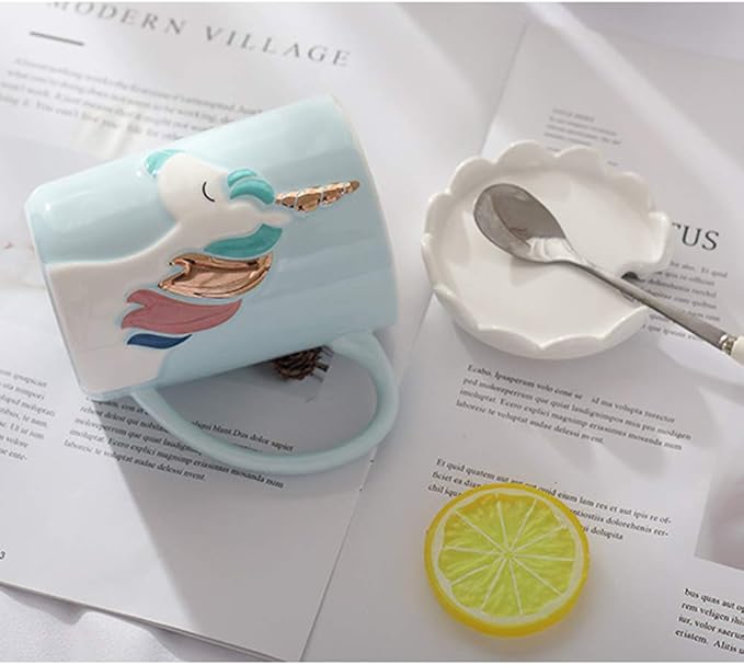 BigNoseDeer Unicorn Mug Cute Ceramic Coffee Mug with Lid Spoon,Cute Mugs for Coffee Tea Milk Unicorn Gifts for Girls Cute Gifts for Women (Blue 13oz)