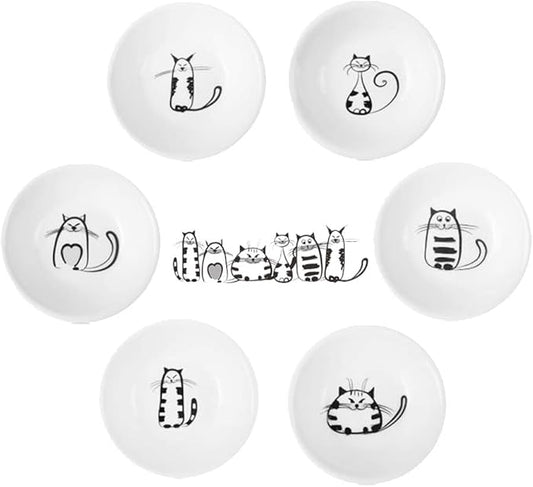 BigNoseDeer Super Cute Cat Ceramic Sauce Dish,Mini Side Seasoning Dish,Condiment Dishes,Sushi Soy Dipping Bowl,Snack Serving Dishes,Meow Porcelain Small Saucer Set(Set of 6)