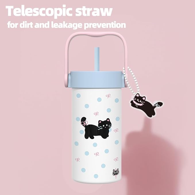 20 oz Cute Black Cat Pattern Insulated Tumbler with Straw and Lid, Stainless Steel School Travel Working Coffee Mug, Detachable Dust Cap, Built-In Filter Tea Drain, Great Gifts for Women & Girls