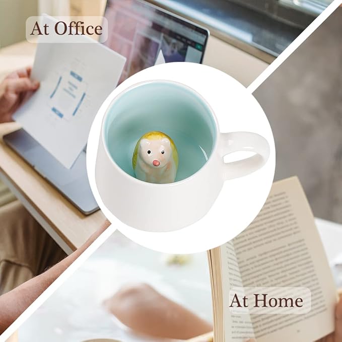 BigNoseDeer Hedgehog Mug Cute Mugs with 3D Hedgehog Inside Ceramic Coffee Mug with Spoon and Lid Mugs for milk,coffee and tea lovers Birthday Cute Gifts for Women 13.5oz