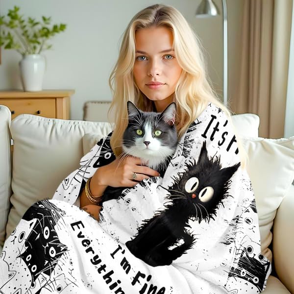 Cat Blanket, Black Cat Gifts for Cats Lovers, I'm Fine Everything is Fine Black Cats Blanket 50"X60", Kitten Lovers Gifts for Women Girls Kids Adults