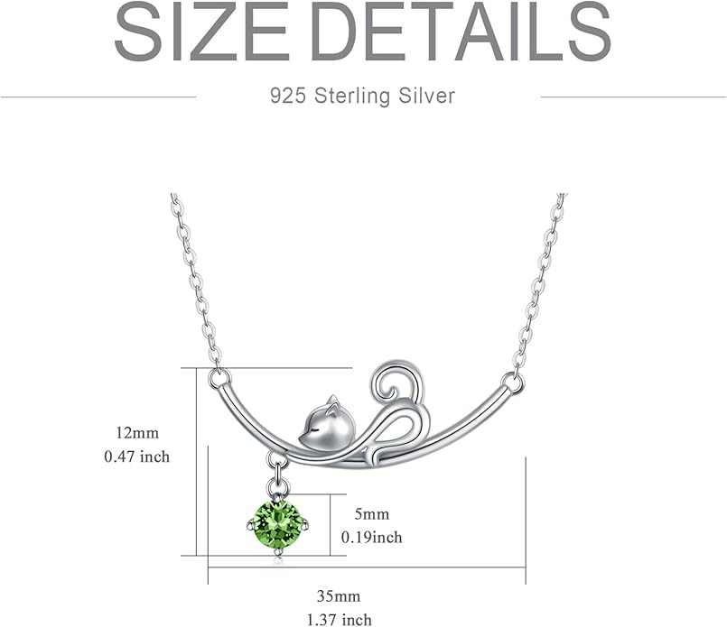 AOBOCO 925 Sterling Silver Lovely Cat Kitten Pendant Necklace with 12 Months Birthstone Crystal from Austria, Christmas Birthday Jewelry Gifts for Cat Lover