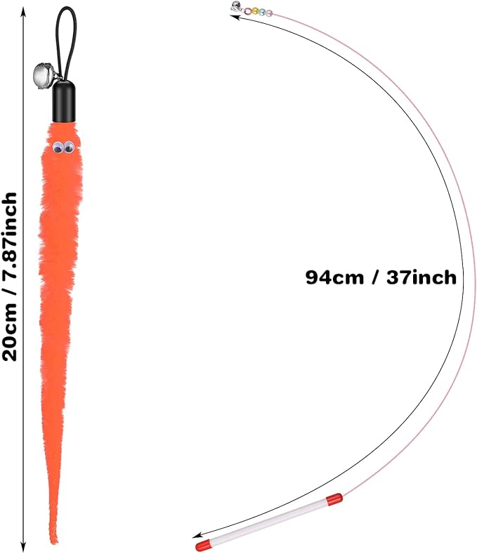 Molain Cat Wand Toy Set -Cat Teaser+ 6Pcs Furry Tail Worms with Bells (Cat Teaser+6Pcs Furry Tail Worms)