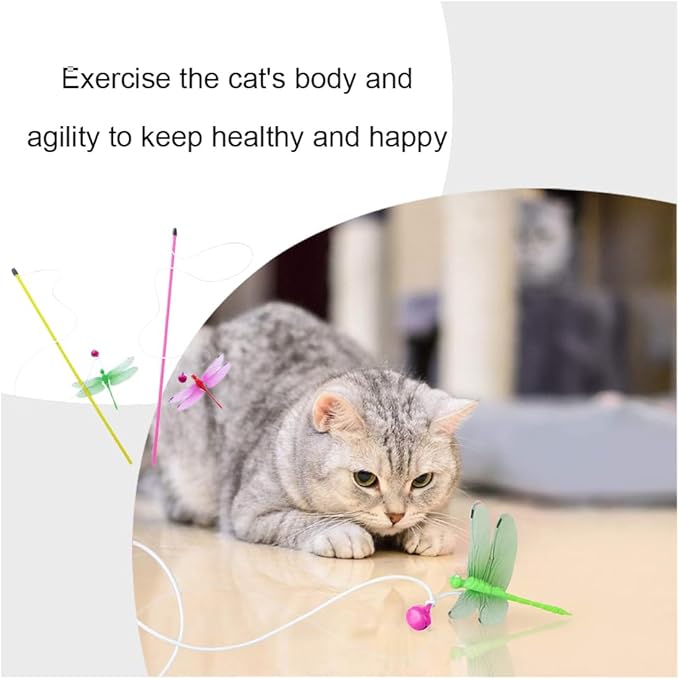 Cat Wand Toys,Interactive Cat Toys for Indoor Cats Adult Kitten,Funny Cat Sticks Pet Interactive Cat Toys with Dragonfly Bell Toys for Kitten Playing(2 Pc)