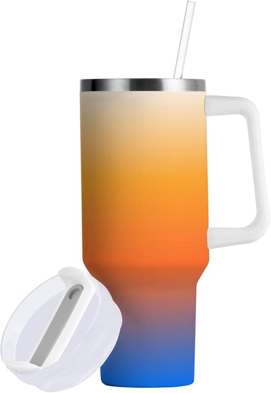 Boccsty Color Gradient Orange Blue Insulated Tumblers Reusable Stainless Steel Tumbler 40 oz Cup Coffee Travel Mug Water Bottle with Handle & Flip Straw for Home Office Car