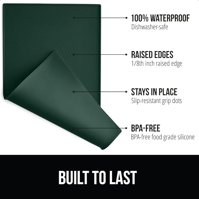 GORILLA GRIP 100% Waterproof Raised Edge BPA Free Silicone Pet Feeding Mat, Dog Cat Food Mats Contain Spills Protects Floors, Placemats for Cats and Dogs Water Bowl, Pets Accessories 18.5x11.5 Green