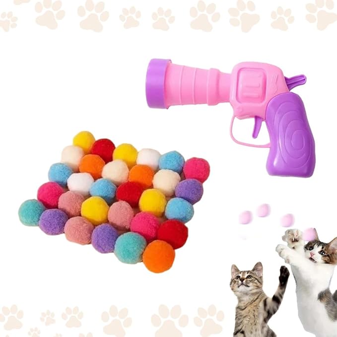 Cat Toy Ball Launcher Gun, Interactive Toy Ball Launcher, Gun for Indoor Cat Play, Plush Ball Shooter with 30 Colorful Plush Cat Balls, Enrichment Toys, Kitten Fetch Toy, Pink/Purple