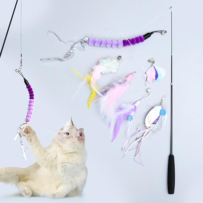 DONGKER Cat Wand Toy Set,3 Stage Retractable Kitten Feather Toys with Bells & 6 Replacement Heads for Teasing Cat Playing(Can't be used for catfishing)