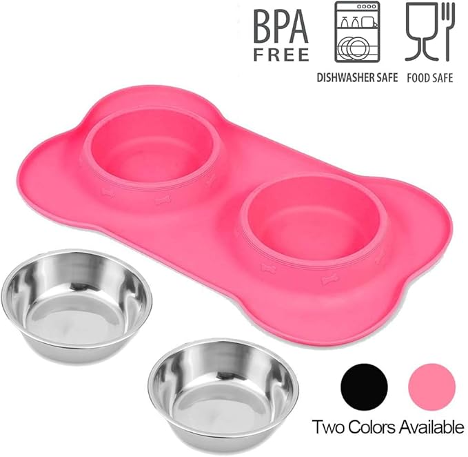 AsFrost Dog Food Bowls Stainless Steel Pet Bowls & Dog Water Bowls & Cat Bowls for Food and Water No-Spill Non-Skid Silicone Mat, Feeding Bowls with Dog Bowl Mat for Dogs Cat Dood Dish, Pink, 12oz