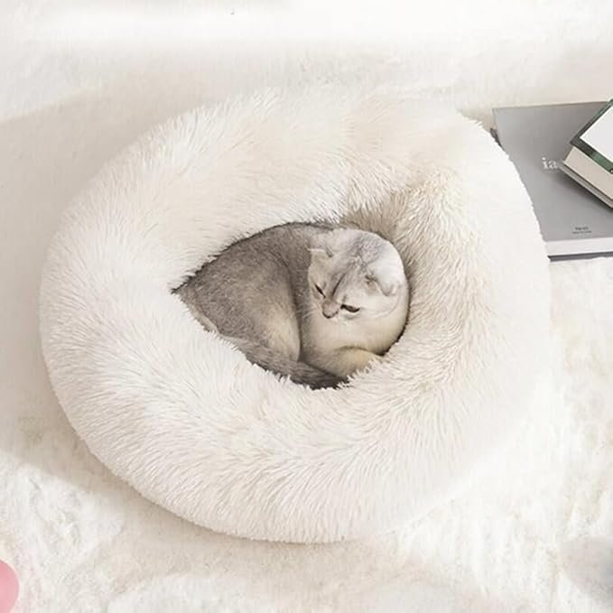 Cat Beds for Indoor Cats - Cat Bed Washable 20/24 inches, Dog Beds for Small Medium Dogs, Anti Anxiety Round Fluffy Plush Faux Fur Cat Bed, Thick Bottom (White, Medium)