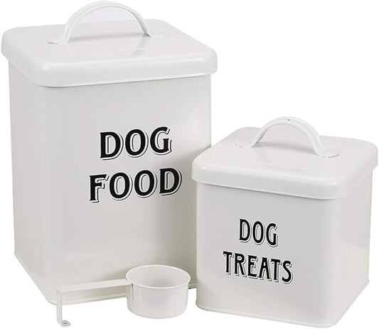 Pethiy Dog Food and Treats Containers Set with Scoop for Dogs-Vintage White Powder-Coated Carbon Steel - Tight Fitting Lids - Storage Canister Tins Small-White