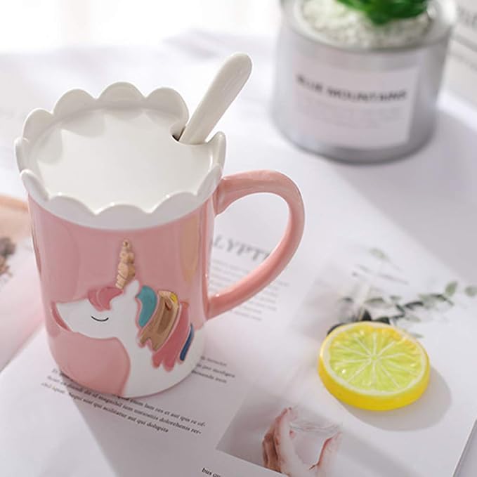BigNoseDeer Unicorn Mug, Cute Ceramic Coffee Mug with Lid Spoon,Cute Mugs for Coffee Tea Milk,Cut stuff Unicorn Gifts for Girls Cute Gifts for Women (Pink 13oz)