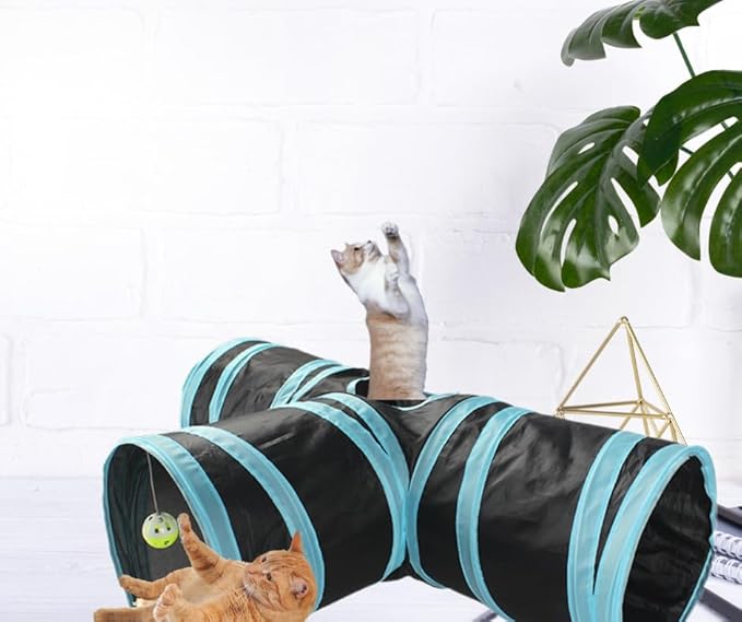 LEESENEVO Cat Tunnel,3 Way Tubes Built-in Crinkle Ringing Paper,Collapsible pet Tunnels for Indoor/Outdoor- Toy for Cats,Rabbits-Jewel Blue