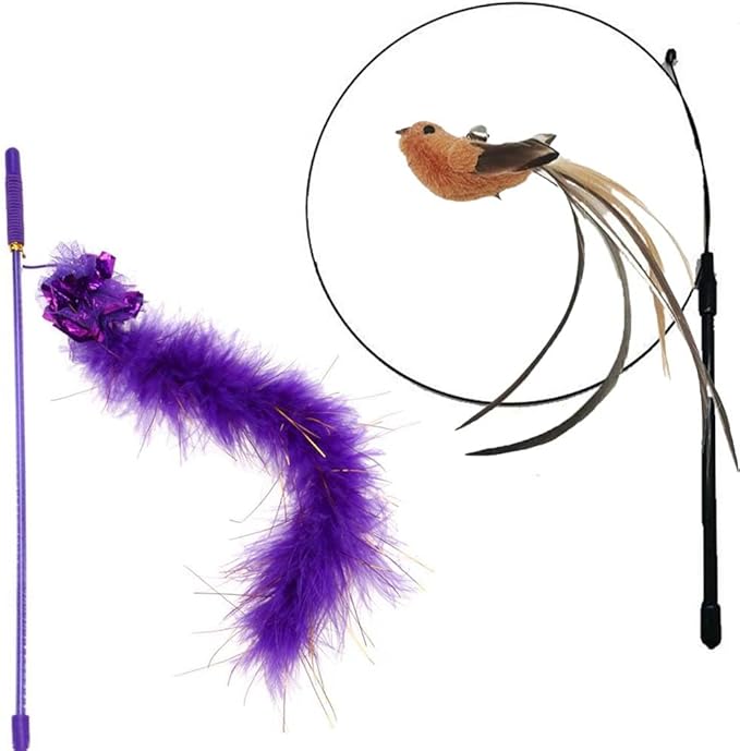 Cat Toys Feather Toy Interactive Stick, Cat Wand Toys Cat Catcher Teaser Stick and Cute Teasing Stick Sparkly Feather Cat Interactive Toys Funny Exercise for Kitten or Cats. 2pcs