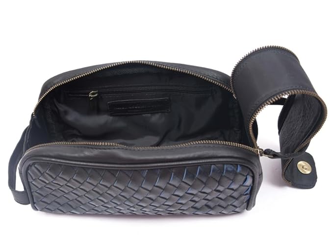 10" Premium Leather Toiletry Travel Pouch With Waterproof Lining | King-Size Handcrafted Vintage Dopp - Kit, Gift for Father's Day By Aaron Leather Goods (Black)