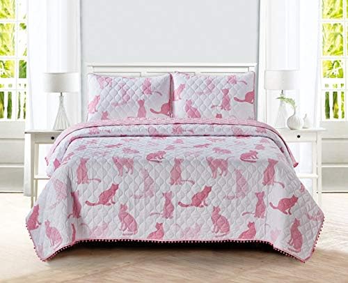 3 Piece Pink Cats Quilt Set with Mini Pom Poms, Full/Queen, Pink