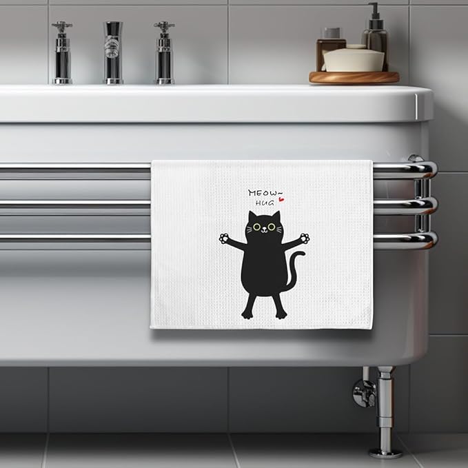 Single Decorative Kitchen Towel with Adorable Hugging Kitty and 'Meow, Hug' Text-Quick-Drying Cute Hand Towel for Cooking,Stylish Bathroom Decor-Whimsical Cat Mom Gifts,Crazy Cat Lady Accessories