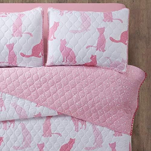 3 Piece Pink Cats Quilt Set with Mini Pom Poms, Full/Queen, Pink