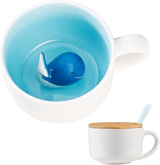 BigNoseDeer Whale Mug Cute Mugs with 3D Ceramic Whale Inside Kawaii Blue Whale Coffee Mug with Lid and Spoon Coffee Cups Tea Cups Cute Ctuff and Cute Gifts Birthday Gifts for Women 13.5oz