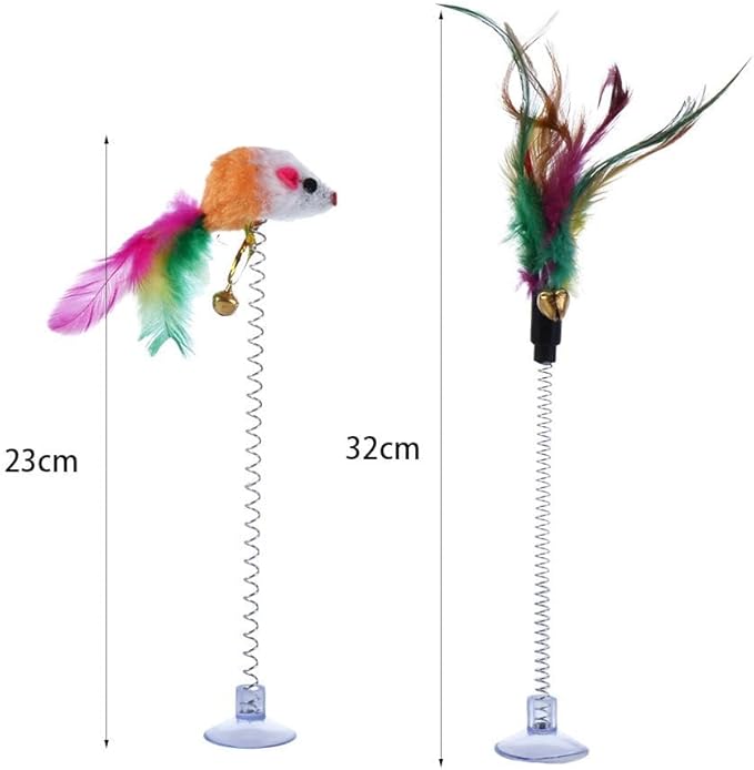 Pokinge 5pcs Simulation Mouse Feather Cat Toys Teaser Stick for Kitten Dogs Playing Interactive Stick with Suction Cup and Bells Scalable Pet Supplies