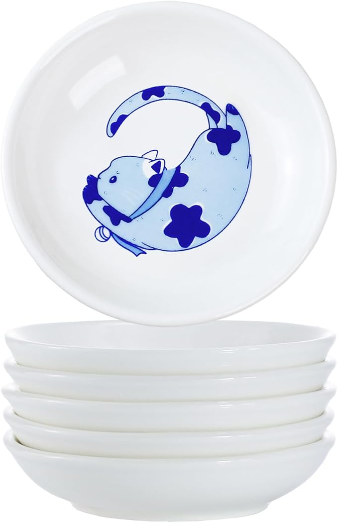 Blue and White Porcelain Vintage Cats Pattern Dessert Plates, Appetizer Plates, Snack Plates Set, Seasoning Dishes, Side Dishes, Saucer Dipping Bowls, 6 PCS-Blue Cats-3.5 Inch