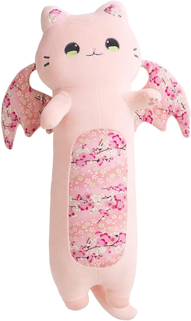 ELAINREN Long Bat Cat Plush Body Pillow Crazy Stuffed Pink Cat with Wings Halloween Large Bat Cat Plushie Toy Gifts/23.6''