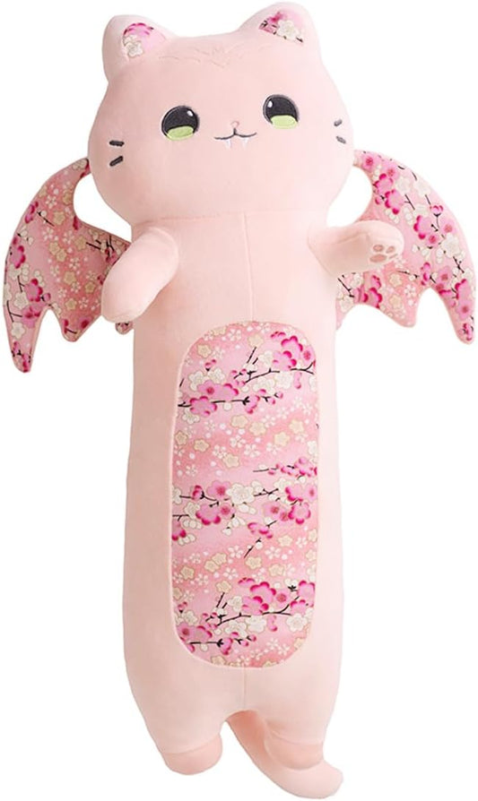 ELAINREN Long Bat Cat Plush Body Pillow Crazy Stuffed Pink Cat with Wings Halloween Large Bat Cat Plushie Toy Gifts/23.6''