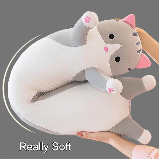 Giant Cat Pillow Plush Cartoon Kitty Sleeping Hugging Pillow, Cuddly Soft Long Kitten Body Pillow Doll Cat Cushion Toy for Kids Girlfriend (Gray, 50cm/19.68inch)