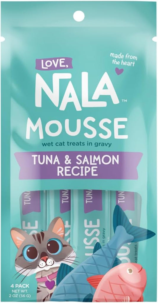 LOVE, NALA - Natural Lickable Cat Squeeze Up Treat,Topper - Tuna & Salmon Mousse - Wet Food Cat Puree - Grain Free, Fiber Blend, Minerals, Vitamins - 4 Pack 2 oz.